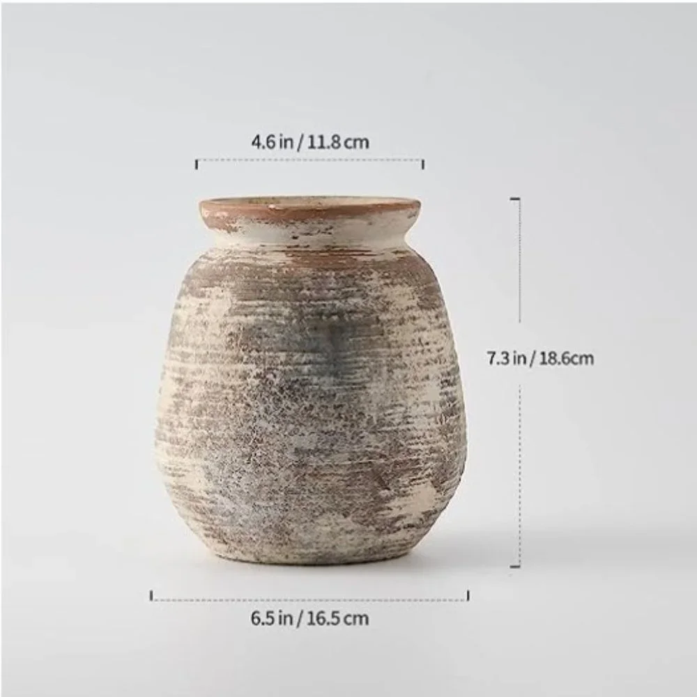 Ceramic Rustic Vase - Whitewashed Terra-Cotta Vase - Farmhouse Pottery Décor